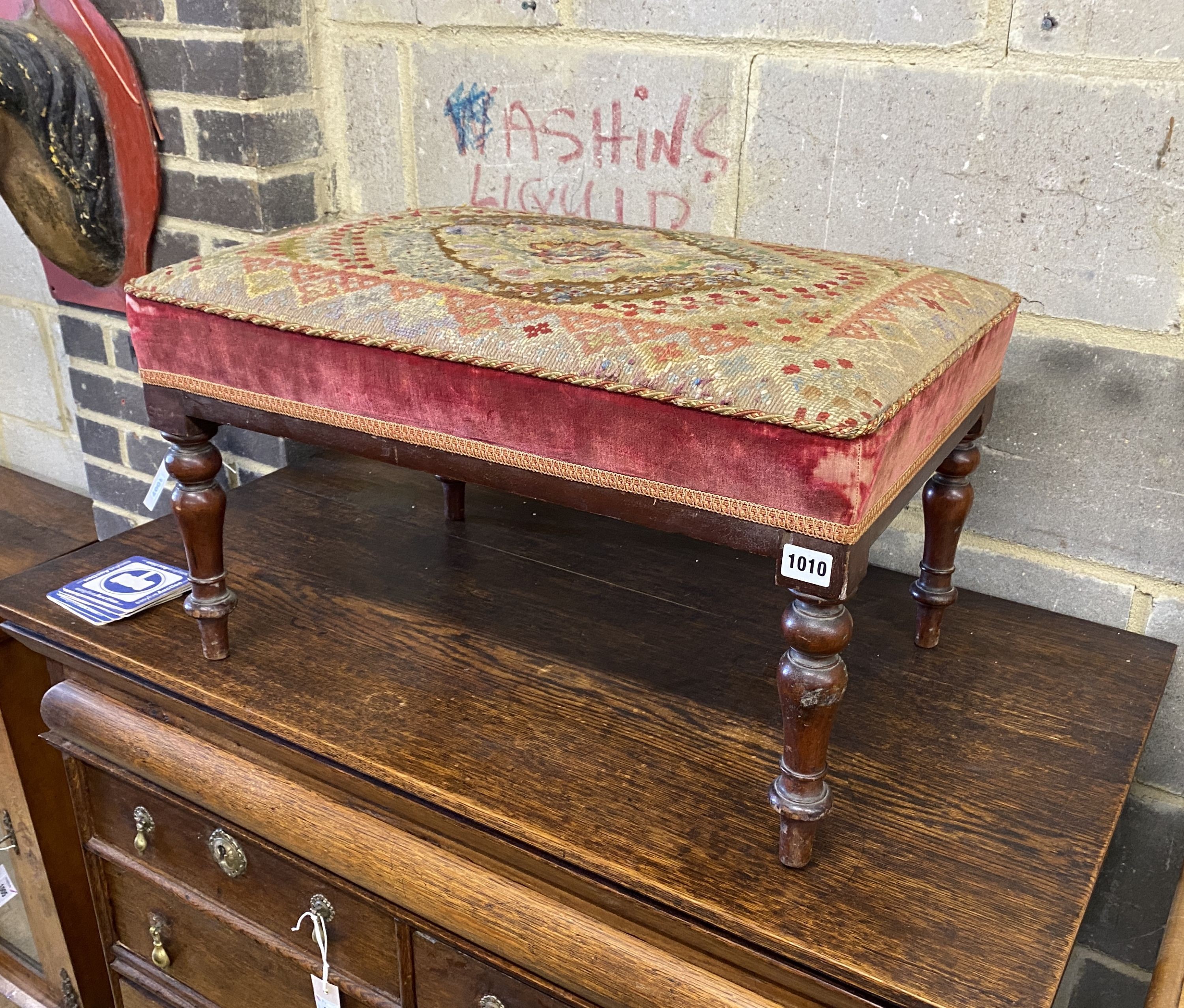 A Victorian rectangular mahogany dressing stool with tapestry seat, width 62cm, depth 44cm, height 36cm